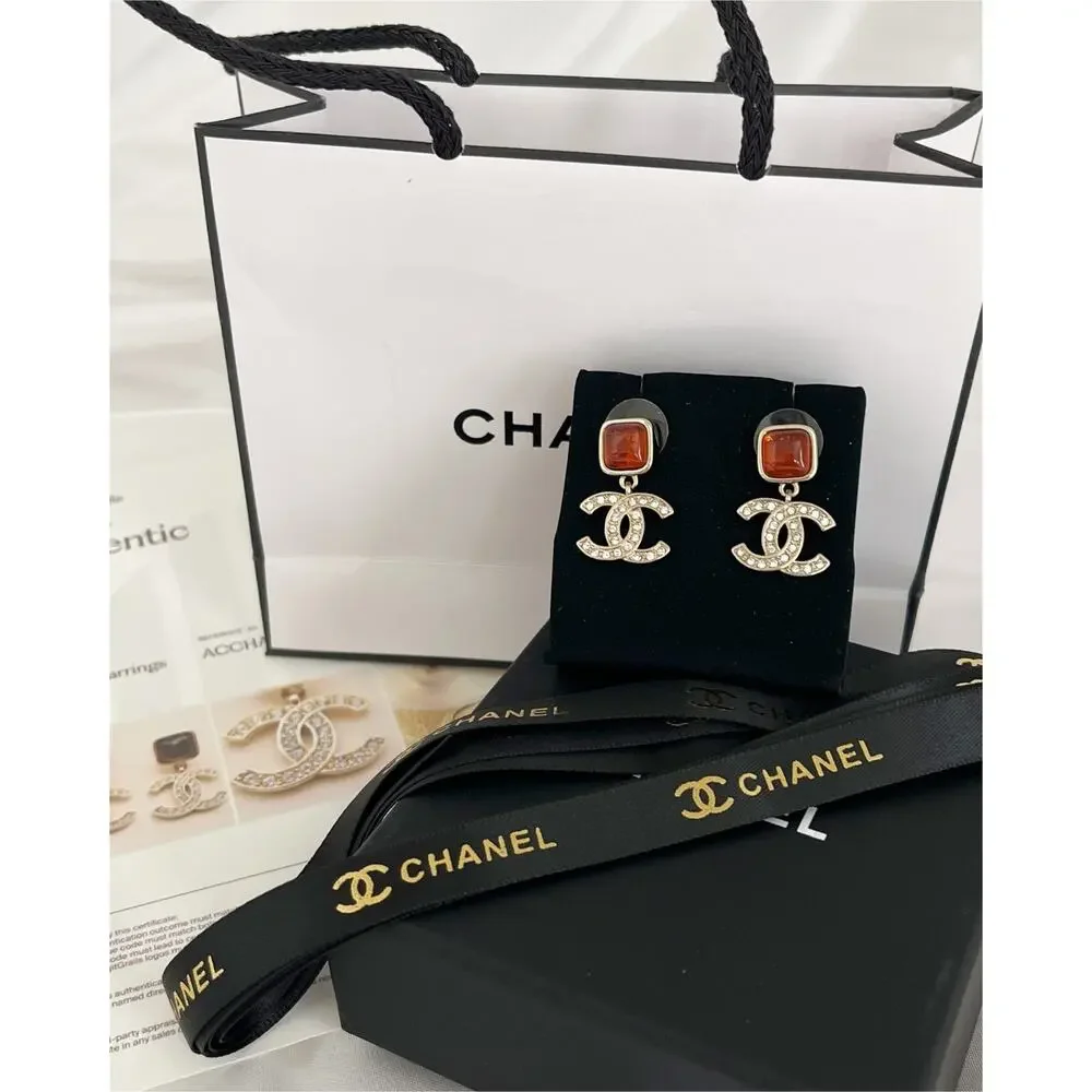 Chanel CC Drop Earrings Gold Tone Crystal Amber Stone Pierced - Picture 3 of 14